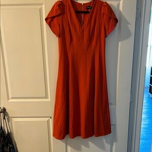 Andrew Marc Orange Pleated Wrap Midi Dress